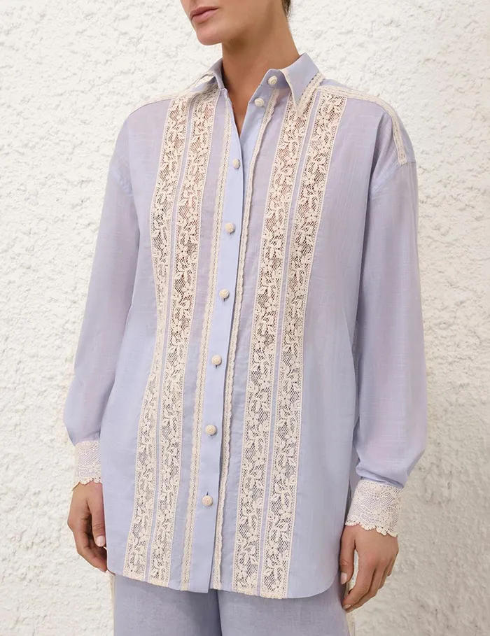 Women Tops Zimmermann Everley Lace Trim Shirt Dusty Blue