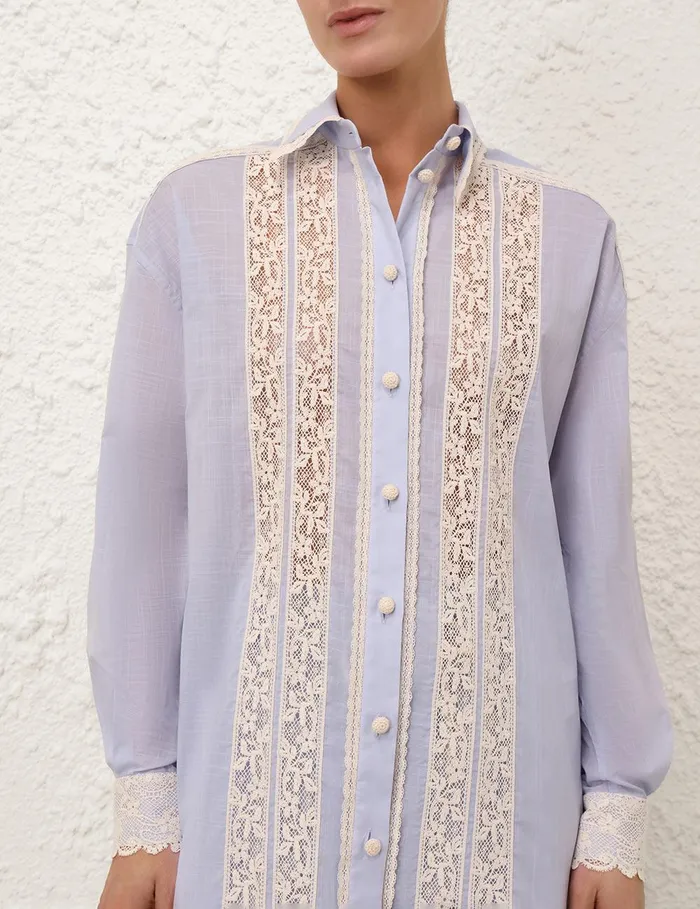 Women Tops Zimmermann Everley Lace Trim Shirt Dusty Blue