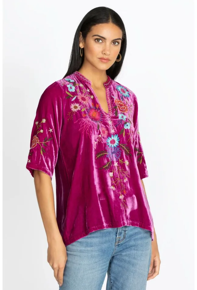 Women Ulla Velvet Easy VNeck Blouse Raspberry Johnny Was Tops
