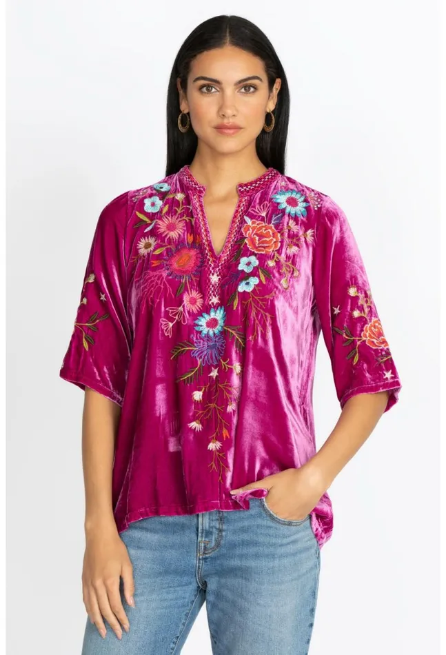 Women Ulla Velvet Easy VNeck Blouse Raspberry Johnny Was Tops