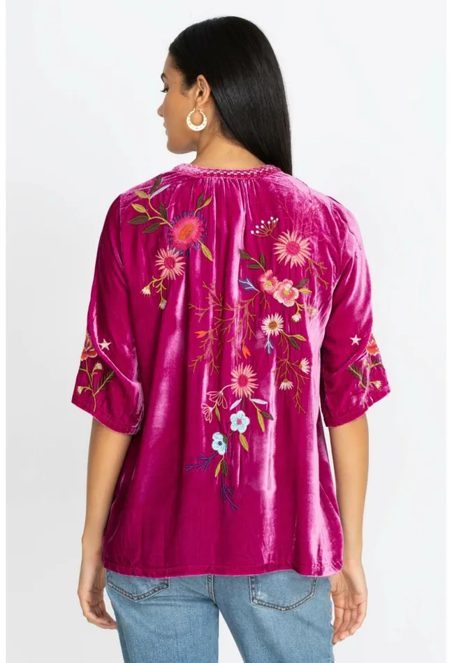 Women Ulla Velvet Easy VNeck Blouse Raspberry Johnny Was Tops