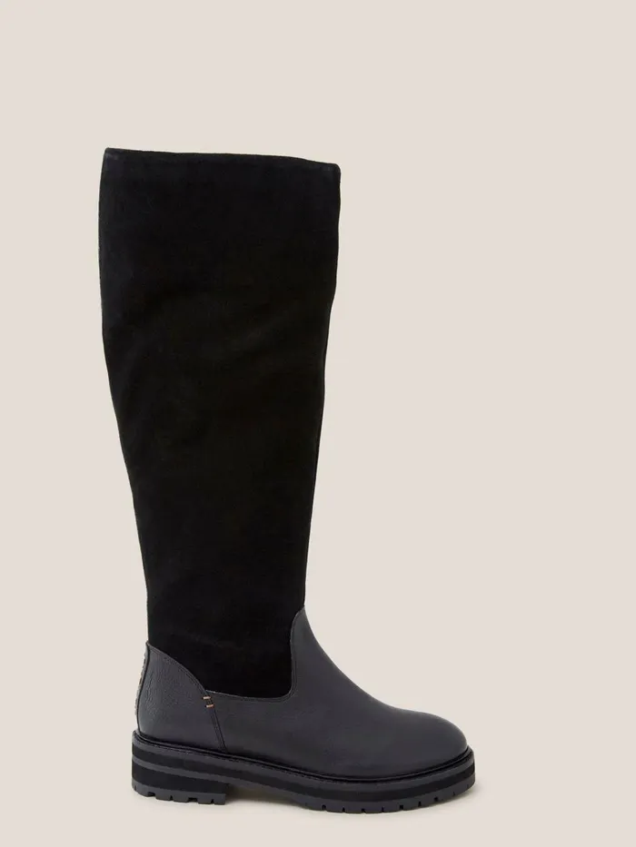 Women White Stuff BOOTS 15 OFF Enya Leather Fur Knee Boot Pure Black