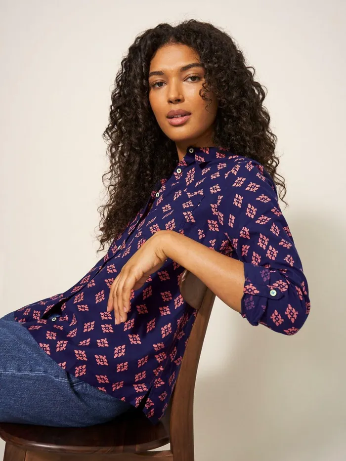 Women White Stuff Shirts Blouses And Tunics Sophie Cotton Shirt Navy Print