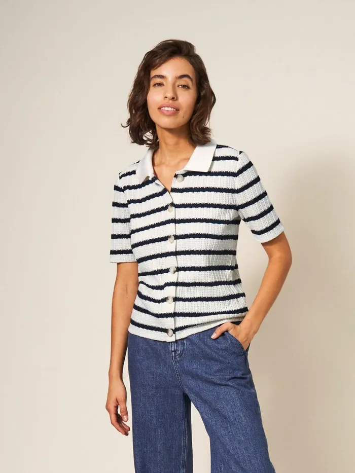 Women White Stuff Tops And Tshirts STRIPE COLLAR TOP Black Multi