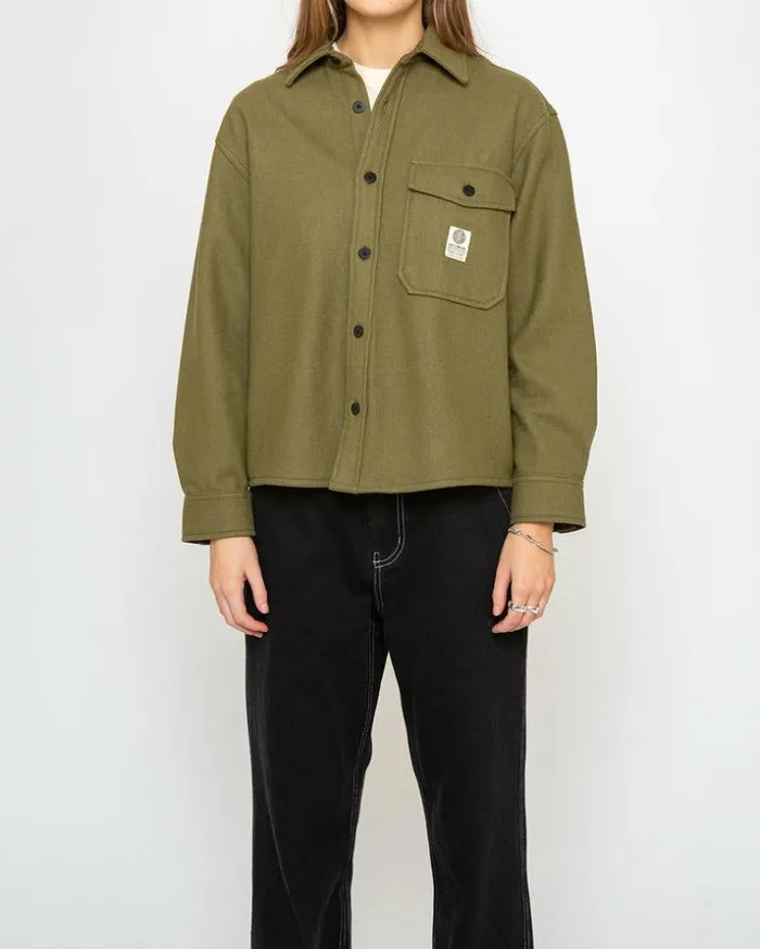 Womens Deus Ex Machina Shirts CPO Wool Shirt 8211 Olive Drab Olive Drab