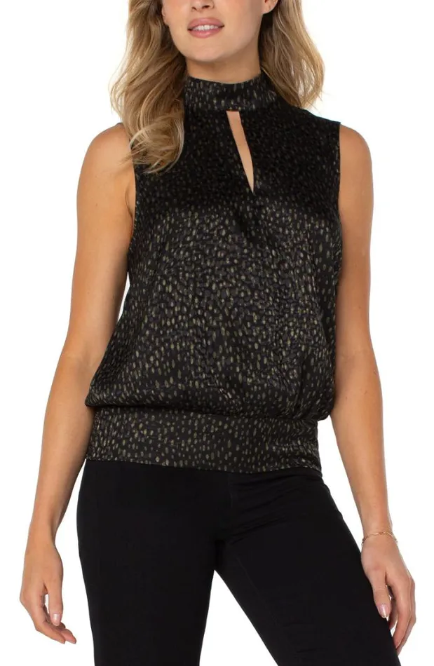WOVEN TOPS Women Liverpool Los Angeles MOCK NECK SLIT FRONT SLEEVELESS TOP Allover Animal Dot Print WOVEN TOPS Women Liverpool Los Angeles MOCK NECK SLIT FRONT SLEEVELESS TOP Allover Animal Dot Print